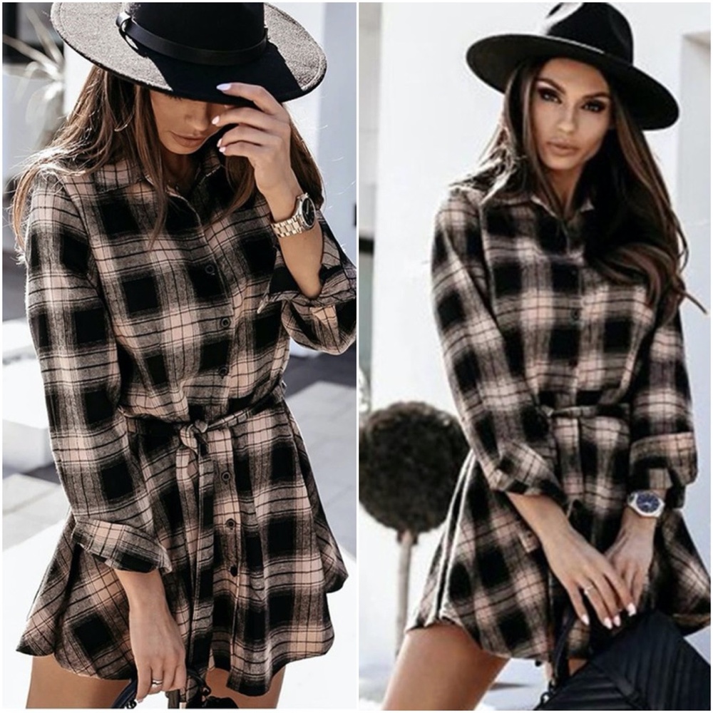 plaid belted long sleeve button down mini dress